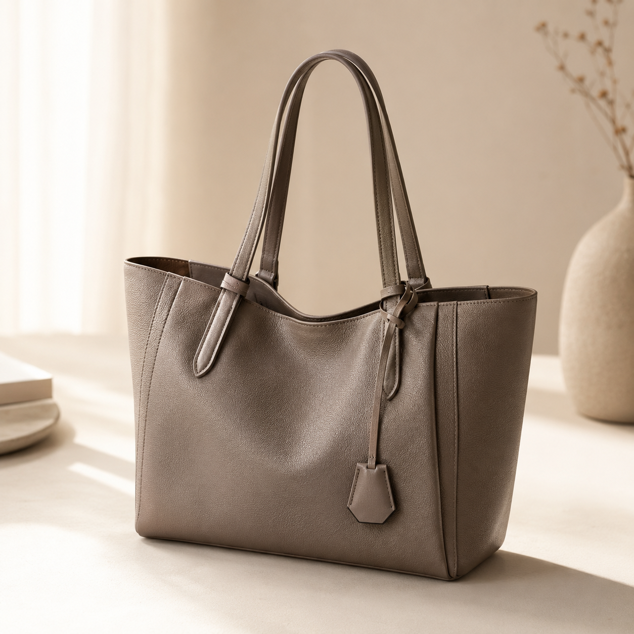 Cabas Bag กระเป๋าสะพายไหล่ผู้หญิง ทรง Tote เรียบหรู หนังนิ่ม สีน้ำตาลเทา