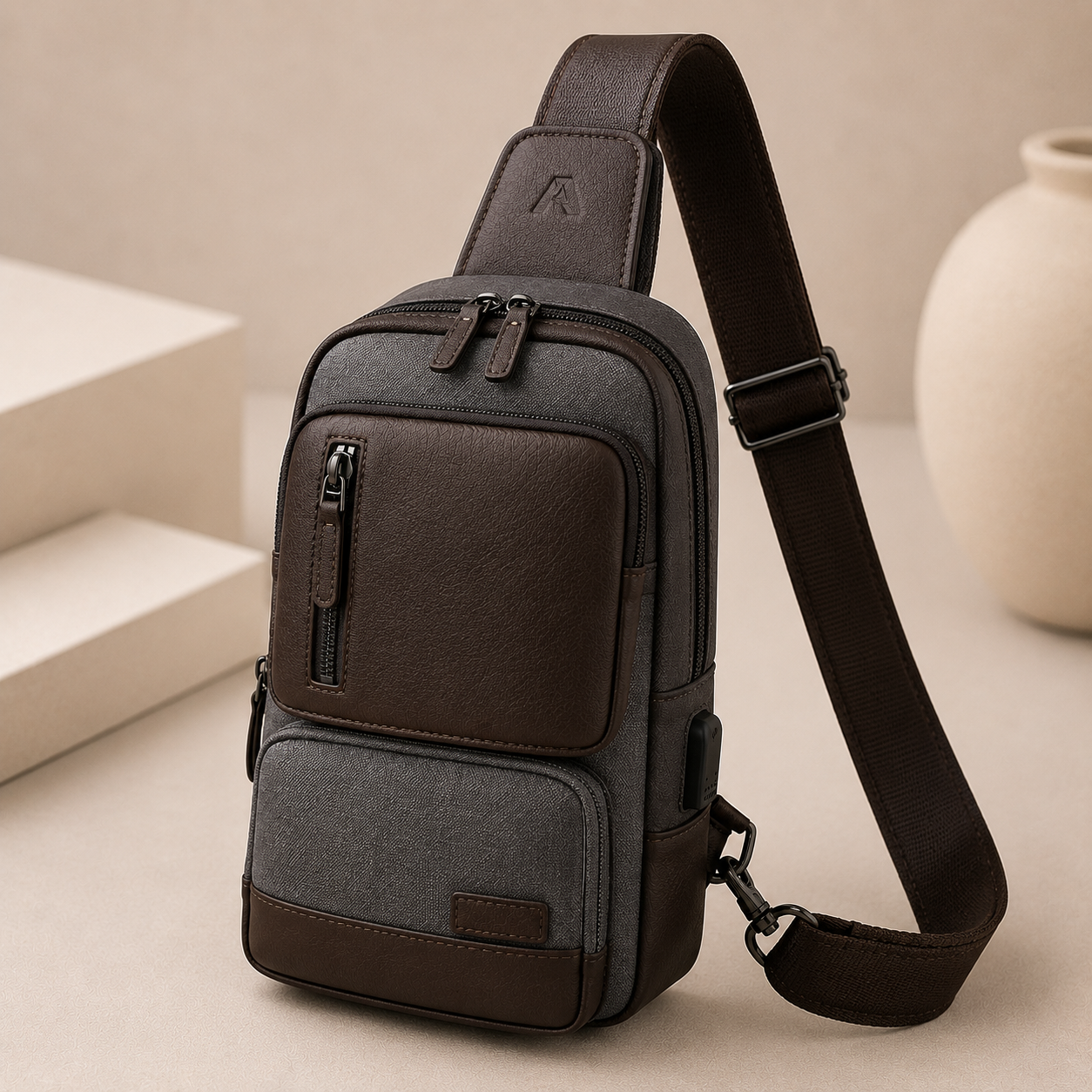 กระเป๋าผู้ชายคาดอก crossbody สีน้ำตาลเข้ม-เทา